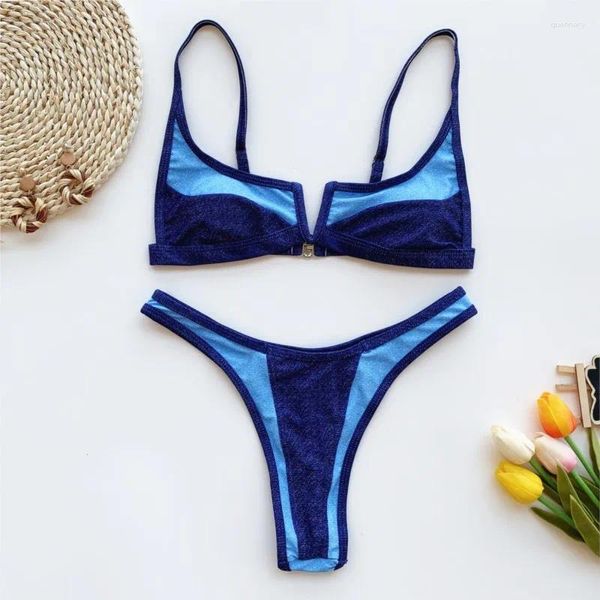 Frauen Badebekleidung sexy Sommerkontrast Farbe Blau Push Up Rücken Schlitz V vordere Bri Bikini Frauen Badeanzug Badeanzug 2 Stück Set Schwimmen