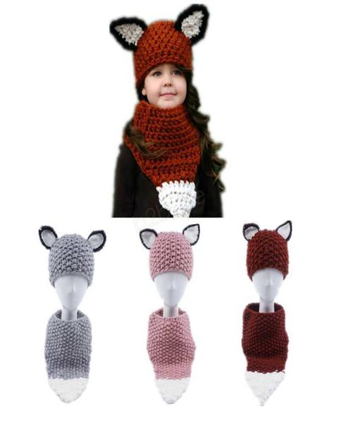 Fox Ear Bebek Örme Şapkalar Eşarp Seti Kış Çocuk Erkek Kızlar Sıcak Yün Şapkalı Döngü Eşarp Shapka Kapaklar Çocuklar İçin Beanies Caps LJJ6636896