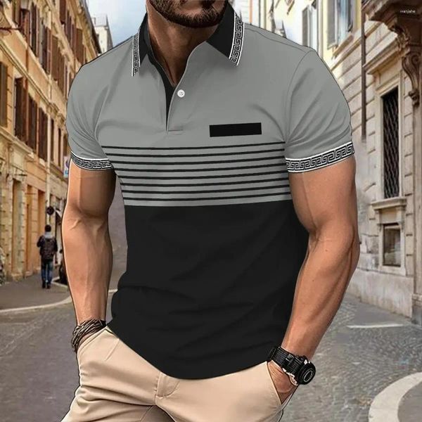 Herrenpolos-Plattengröße Striped Feste Farben passende lockere Modetrend Casual Digital bedrucktes Kurzärmel-Revers-Polo-Hemd