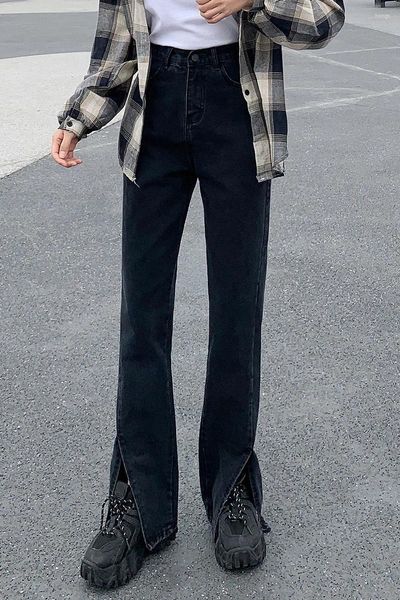 Женские джинсы Женщины черные брюки с передней стороной спереди на боковой ноге пружина с высокой талией.