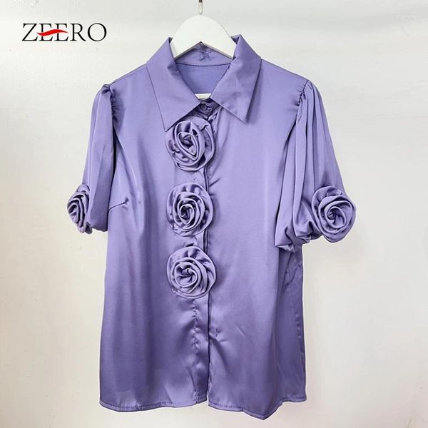 Camicette femminile estate coreane Donne casual Appliques bianchi 3d Fiori 3D camicia manica lanterna Elegante camicetta di superficie satinata acetata di acetato