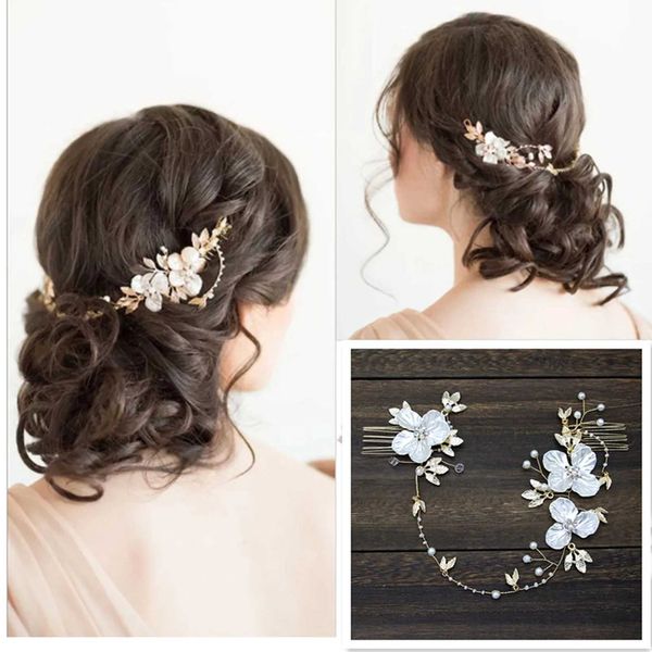 Cabelo de casamento Jóias de jóias Flores Pearl pente pente noiva Fita de cabelo Pearl Golden Hairpin Moda de moda Tiaras Elegantes Acessórios para Cabelos de Casamento Jóias