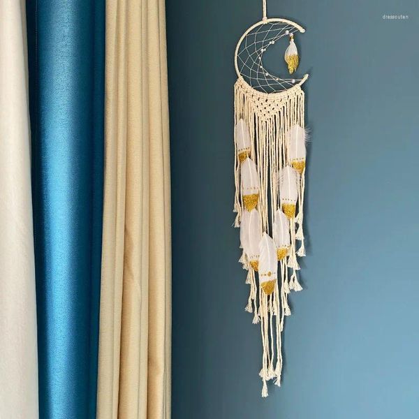 Estatuetas decorativas fios de algodão nórdicos Tansel Tapestry Bronzing Feather Dream Catcher Wall Hungings Offing Background Bohemian