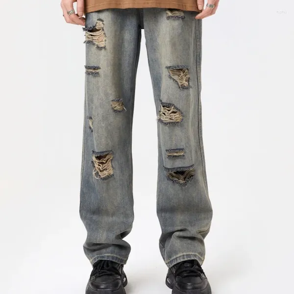 Calças masculinas American Retro Hiphop High Street Hole Breaking Jeans Tide Skele
