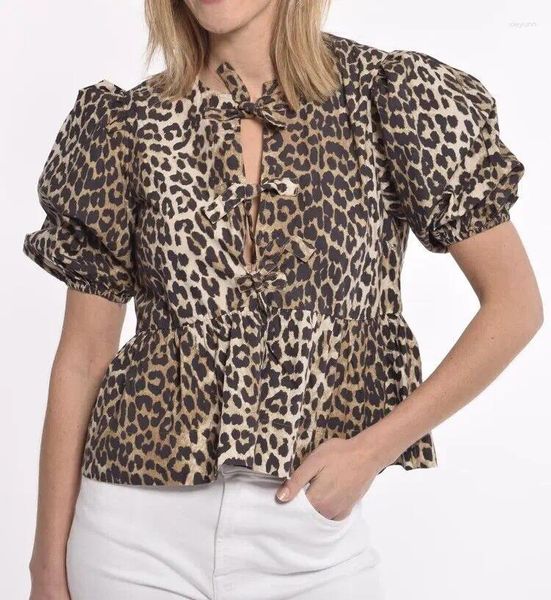 Blusas femininas primavera mola verão garotas tampo peplum tampa de peplum em algodão Poplin slova de manga de manga de manga de leopardo fofo para mulheres moda 2024