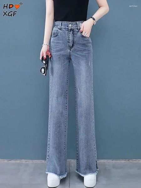 Frauen Jeans Classic Plus Size 4xl raues Weitbein für Frauen Frühling Herbstknopf High Taille Jeanshosen lässig All-Match-Hosen