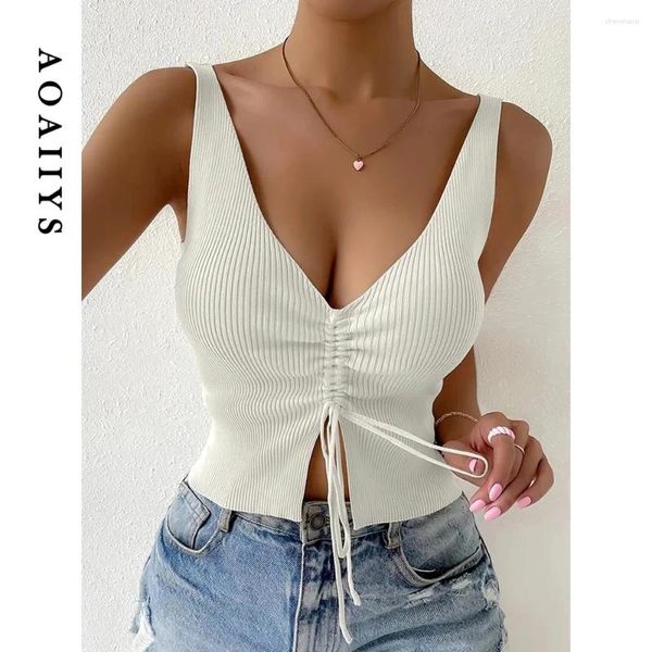 Women's Tanks Aoaiiys Summer Crop Top Women Knitted Tops V-Neck Drawstring Lace Up Tank Y2k Girl Fashion Sleeveless Sexy Low Cut Vest