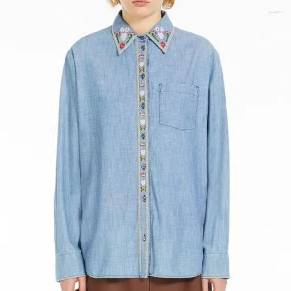 Camicette da donna donna 2024 primavera e estate casual semplice cotone ricamato in denim camicia