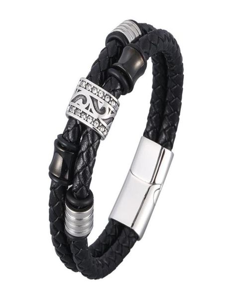 Braccialetti di fascino punk nero doppio vera vera pelle braccialetti intrecciati per uomo in acciaio inossidabile in acciaio da polso vintage a fascia gioielli a mano SP01058667