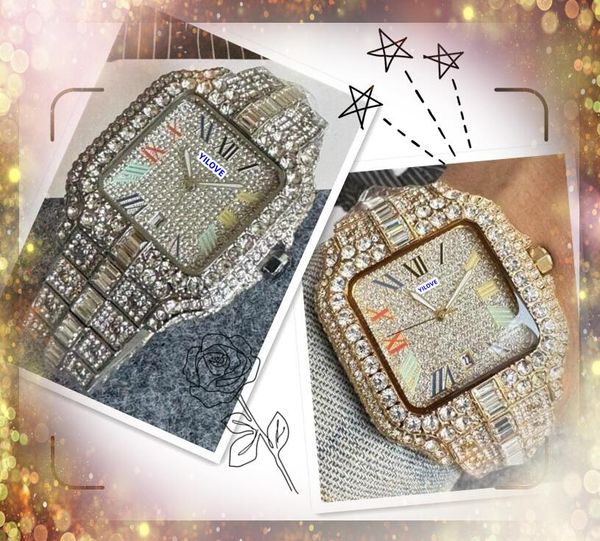 Herren 3 Pins Square Face Designer Uhren Luxus Automatische Quarz Bewegung Uhr Edelstahlgurt Präsident Full Diamonds Ring Großhandel männliche Geschenke Armbanduhr