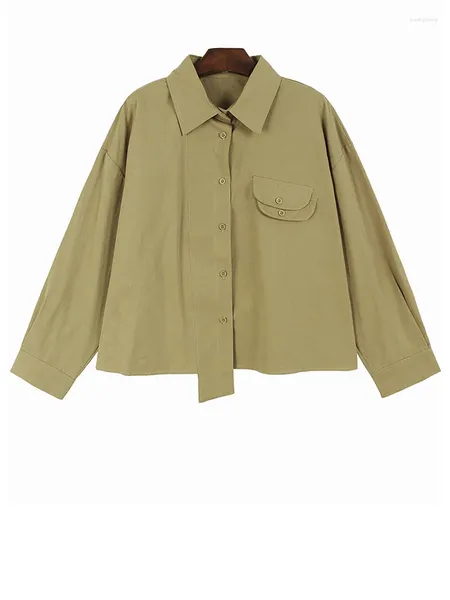 Frauenblusen Frauen Khaki Doppelschichten Tasche große Größe Bluse Revers Langarm Shirt Fashion Tide Frühling Herbst x697