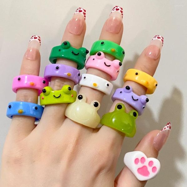 Clusterringe Kinfolk 2024 süßer buntes Frosch für Frauen Mädchen Harz Acryltier Tintenfinger Finger Mode Schmuck Kinder Geschenke