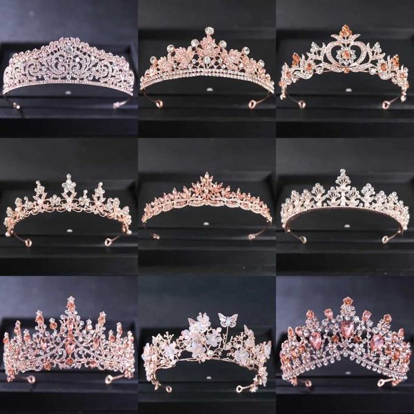 Bandas da cabeça de ouro rosa de ouro rosa Crystal Headwear e Crown Rhinestone Dance Princess Diamond Wedding Bride Hair Acessórios Jóias Coroa de joias Q240506