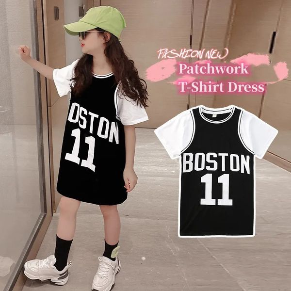 Summer Girls Cotton Contrast Patchworks Alfabeto Long Tshirt Dress School Kids Tracksuit Sports Salia de crianças Top 516yr 240430