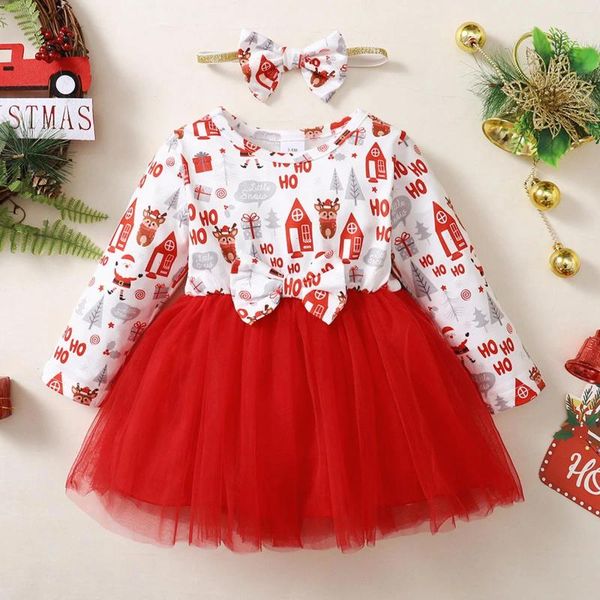 Giyim Setleri Kızlar Terlemeler Boyutu 14-16 Bebek Çocuk Noel Uzun Kollu Karikatür Baskıları Tül Elbiseler Eğitli Kravat Yakın Bebek