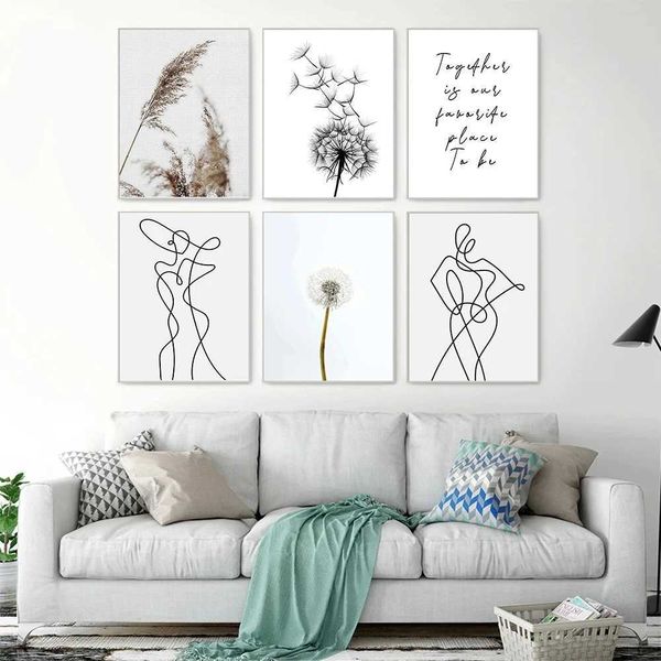 pers einzeilen Zeichnung Poster minimalistische Leinwand Malerei Abstrakte Kunstdruck Löwenzahn Gras Mural Wohnzimmer Home Dekoration J240505