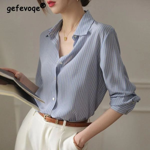 T-Shirt Korean Style Office Lady Blue Striped 2022 Frühlings Sommer Mode Allmatch Bluse Langarm Turnenkragen Lose Casual Shirt