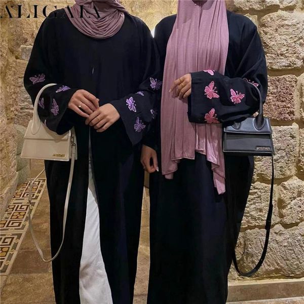Этническая одежда Aligaia Женщины Ид мусульманскую вышивку бабочки открытая кимоно -абаяс Дубай Турции повседневный ислам марокканский африканский кафтан Кафтан
