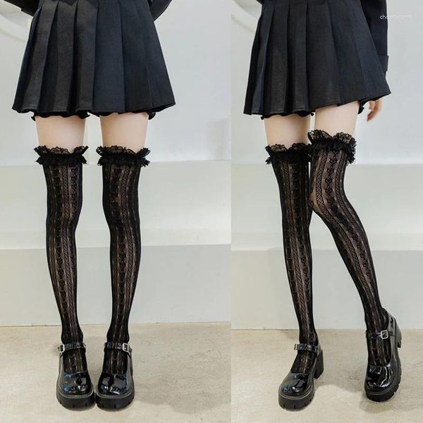 Frauen Socken Schwarz -Weiß -Spitze Lolita High Tube Oberschenkel Knie weibliche süße lange Liebe japanische College -Stil -Strumpf