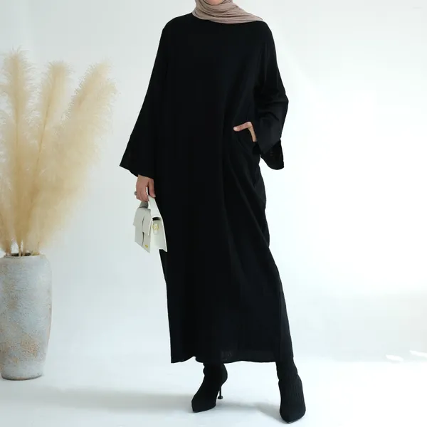 Roupas étnicas Cotton Spring Spring diariamente manto turco marroquino para mulheres Kuwait Modest Solid Casual Muçulmano Abaya com bolsos