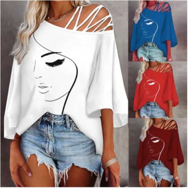 Damen T-Shirt Damen Mode Tees Casual Top 2023 Sommer Druck hohl aus sexy lose T-Shirt S-XXL D240507