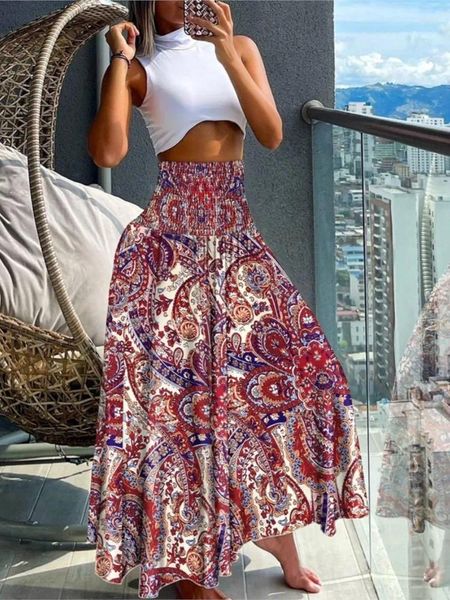 Etekler Vintage Baskı Kadınlar 2024 İlkbahar Yaz Elastik Yüksek Bel A-Line Büyük Hem Boho Etek Kadın Tatil Plaj Elbise Robe