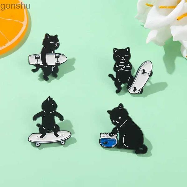 Булавки броши 4 милые черно -белые кошки отвороты Pins Cartoon Animal Brooches Женские металлические значки