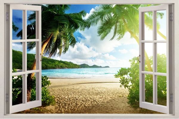 Adesivi Spedizione gratuita Finestra 3D Adesivi per finestre 3D Seaside Palm Wall Decal Arte Rimovibile carta da parati Murale Adebito in vinile