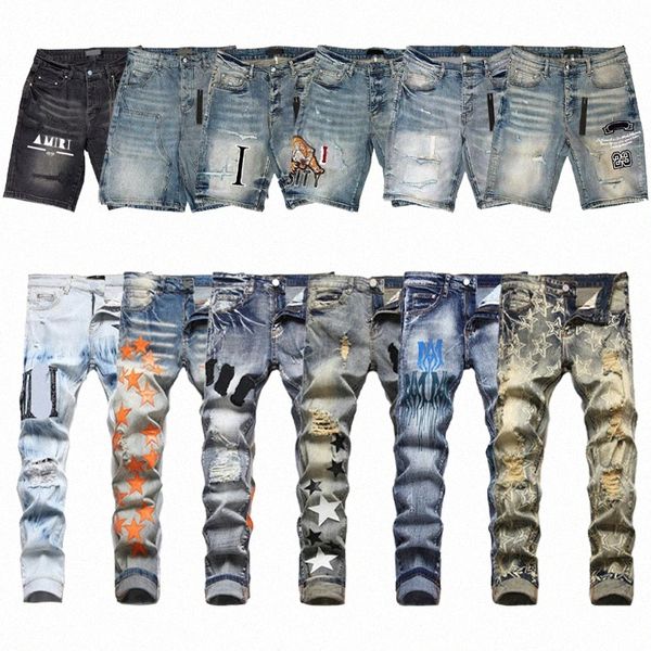 Designer masculino de jeans de jeans de designer calças de bordados de tamanho de bordados jeans skinny rasgados para tendência de algodão Hip Hop Bikers Motocicleta Jeans Ture W4QQ#