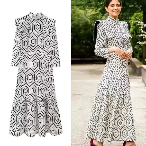 Vestidos casuais geometria impressão longa para mulheres vintage elegante partido 2024 Spring Cape Maxi Dress Woman elegante