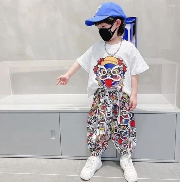 Roupas Define as calças de camiseta de desenho animado de estilo chinês dos meninos terno de verão de verão de moda infantil de duas peças