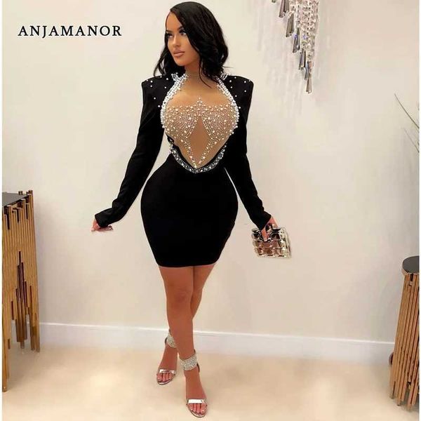 Vestidos casuais básicos Anjamanor Rhinestone Pearl Mesh Glam Dressos Festa de noite sexy Usar roupas femininas 2023 Moda Club Bodycon Dress D42-EA25 T240507