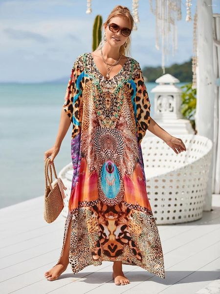 Boho gedruckt Kaftan Casual Summer Clothing 2024 Frauen Plus Size V Hals Batwing Sleeve Beachbekleidung Cover Up Maxi Kleid Robe Sarong