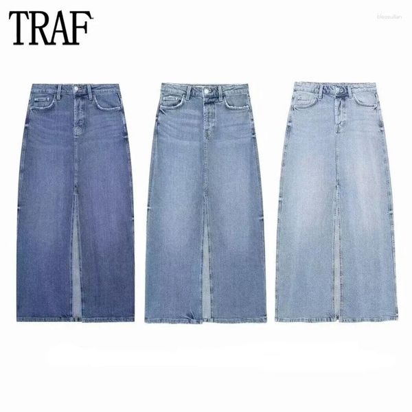 Gonne in denim blu in denim lungo donna alta vita in alto per donna slitta estiva jeans streetwear cargo femminile