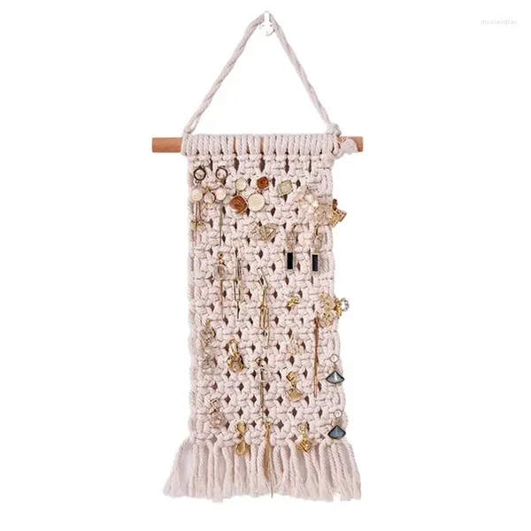 Lagerbeutel Wand Halskette Organizer Hung Teppich Schmuck mit Quaste Boho Macrame Handgefertigte gewebte Seil