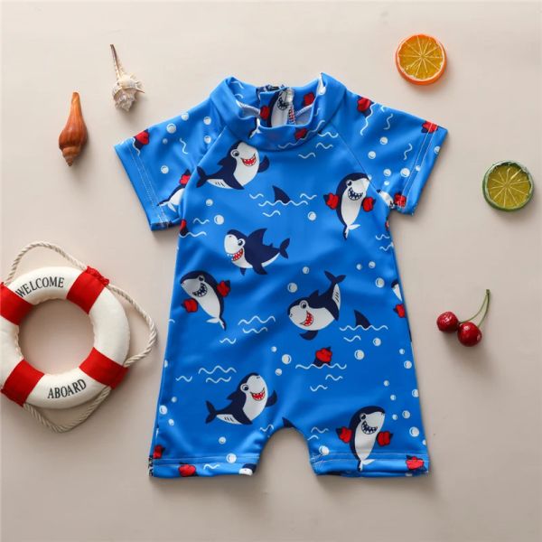 Badebekleidung 05 Jahre Baby Jungen Onepiece Badeanzug Haifischmuster Badebekleidung kurzärmelig Reißverschluss Badebad Beachwege