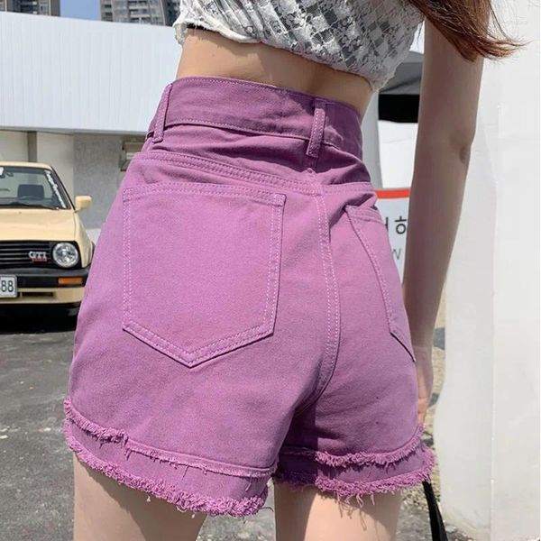 Frauen Jeans Sommershorts hohe Taille dünne Design robuster Rand a-line locker schmaler lila Kaffee schwarze kurze Hosen