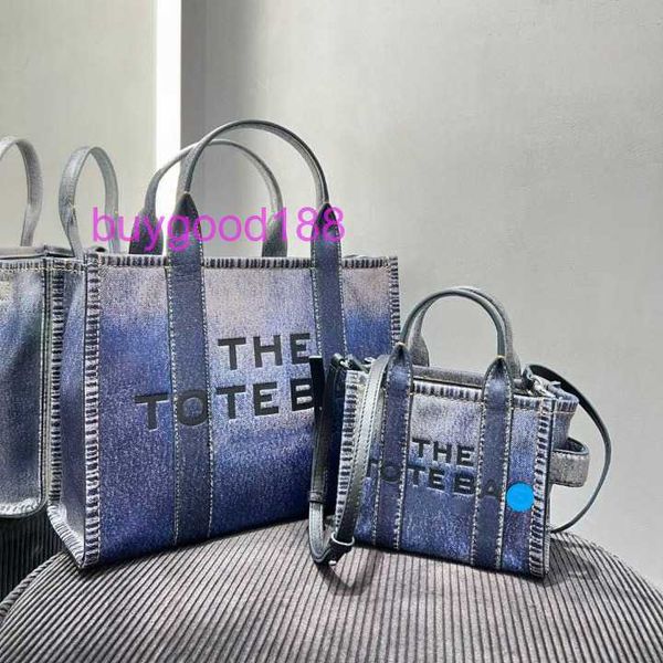 Tasarımcı Orijinal Edition Marcj Tote Yeni aynı stil Küçük Kardeş Kafa Katmanı Cowhide Baskı Denim Çift Renk Efekt Torbası El Taşırır Straddle Bir omuz