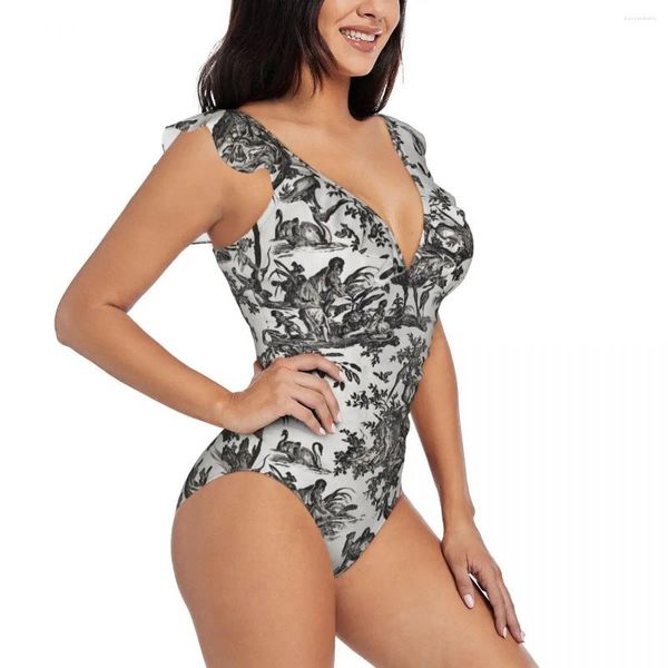 Frauen Badebekleidung Frauen Vintage Toile Muster ein Stück sexy Rüschen Badeanzug Sommerstrand tragen schlampen Badeanzug