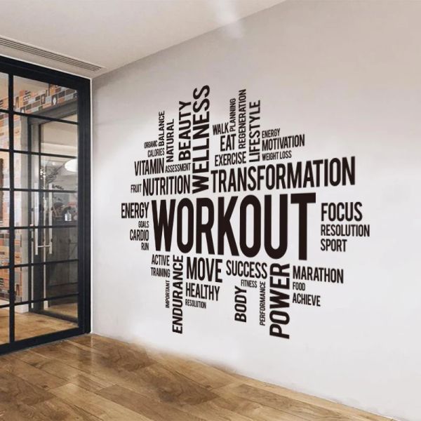 Aufkleber Fitnessstudio Workout Word Cloud Wall Sticker Büro Crossfit Fitness Inspirierende Motivation Zitat Wanddekal Sporttraining Club