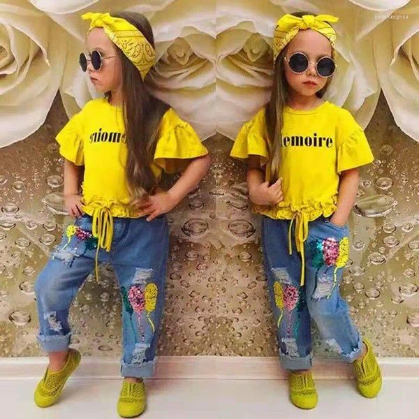 Kleidungsstücke Kleinkind Kleinkind Little Girls 3pcs Kleidung Set Baby Kids Outfit Quasten T-Shirt Top Rip Jeans Hosen Outfits