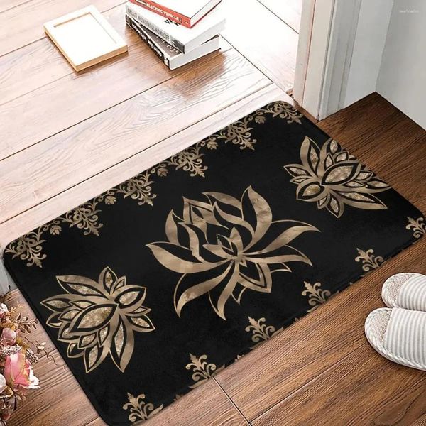 Tappeti Fleur de lys non slittatore loto di loto fiore ornamento di lusso di lusso nero e oro tappeto dimora tappetino benvenuto a casa moderno moderno