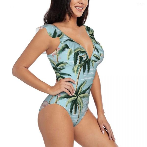 Frauen Badebekleidung Sexy One Piece Badeanzug 2024 Frauen Vintage Flamingo Palmen gekräuselt Monokini weibliche Bodysuit Girl Beach Badeanzug