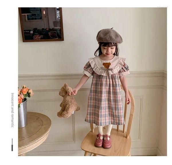 Mädchenkleider Sommer Kinderkleid Babybären bestickte karierte Spitze Kurzarm Kleidung 2-6t Kinder für Mädchen Vestidos