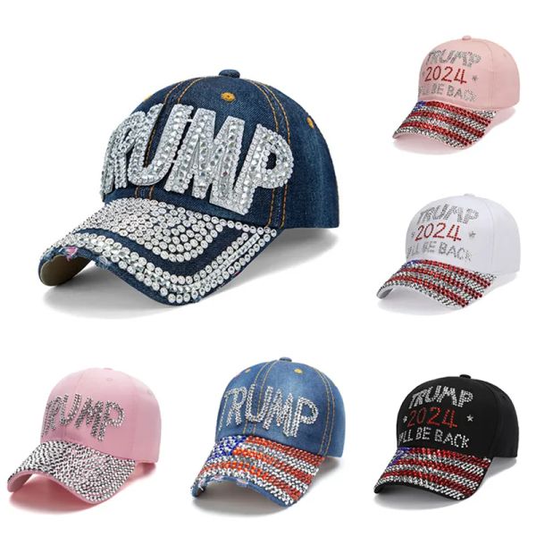 Trump 2024 Baseball Cap Diamond Hats Election Campaign Cowboy Caps Verstellbarer Snapback Women Denim Hat Zz