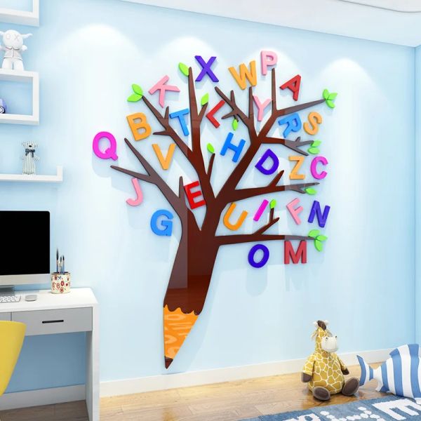 Adesivos para o jardim de infância da sala de aula decoração de parede adesivos de parede infantil quarto de quarto 3d adesivo de parede pintando alfabetismo adesivo de parede de árvore