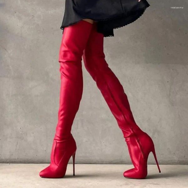 Botlar 2024 El Yapımı Kadınlar Bahar Uyluk Yüksek Seksi Stiletto Topuklu Toe Toe Güzel Kırmızı Fuşya Parti Ayakkabıları Us Boyut 5-20