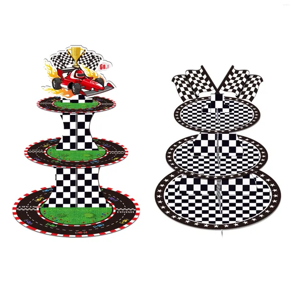 Partyversorgungen 3 Tier Cartoon Racing Car Game Cake Display Ständer Schachbrettnetz Cupcake Rack Halter Geburtstag Tablett Dekoration
