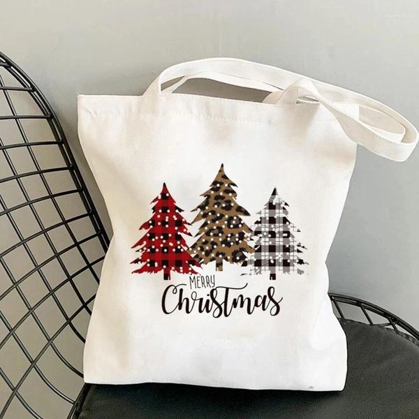 Bolsas de compras Lattice Christmas Tree Print Women Shopper Bag Gift 2024 Canvas ombro grande bolsa Eco Feminina Eco feminina