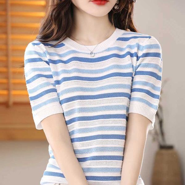 Damen T-Shirt Striped Cotton T-Shirt New Summer Minimalist Style Womens Casual Lose Short Sleved Classic Retro Round Neck T-Shirtl2405